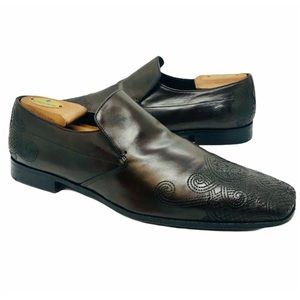 PRADA Dark Brown Embroidered Slip On Loafers 8 1/2